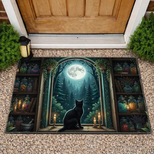 Black Cat Herbalist Study - Nature Lover Home Decor Gift Doormat