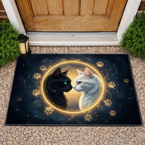 Black Cat Emerald White Cat Sapphire Nose-to-Nose Golden Aura - Cat Lover Home Decor Gift Doormat