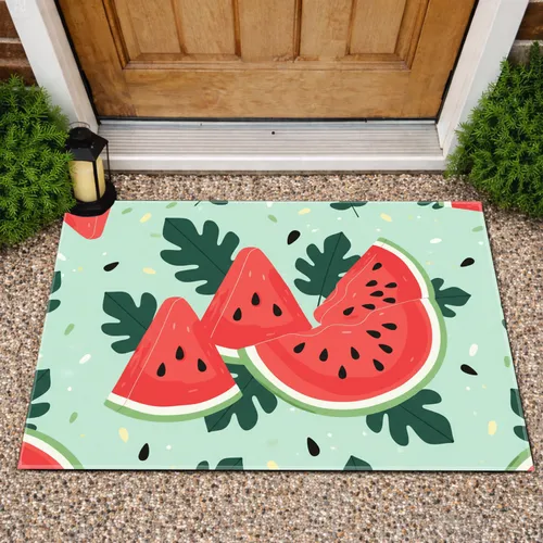 Watermelon Slices Green Leaves Black Seeds - Fresh Summer Home Decor Gift Doormat