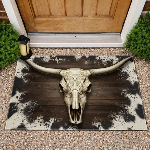 Ornate Longhorn Steer Skull Cowhide Wood - Rustic Western Home Decor Gift Doormat