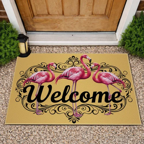 Three Pink Flamingos Welcome - Tropical Home Decor Gift Doormat