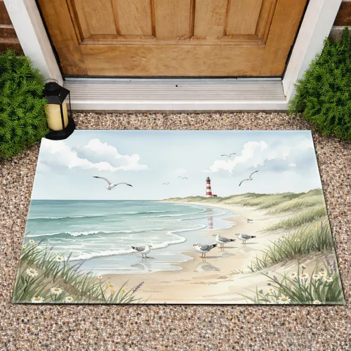 Sandy Beach Ocean Waves Seagulls Lighthouse Dune Grass - Coastal Home Decor Gift for Beach Lover Doormat