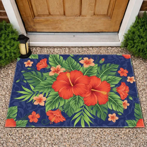Indigo Blue Hibiscus Full Bloom Tropical Flowers Lush Greenery - Home Decor Gift Doormat