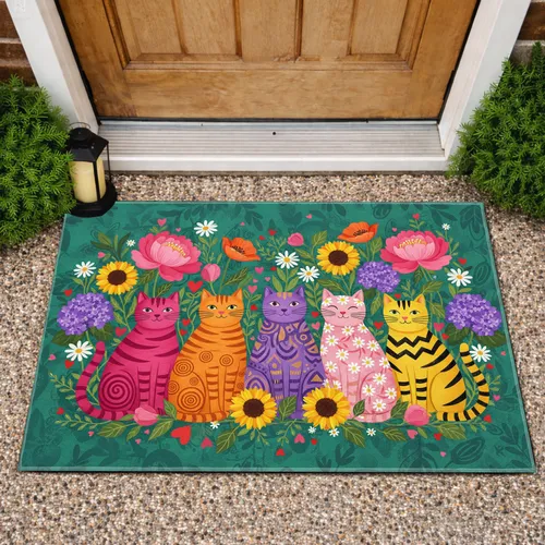 Five Stylized Cats Colorful Floral Garden Abundant Blossoms - Home Decor Gift for Cat Lover Doormat