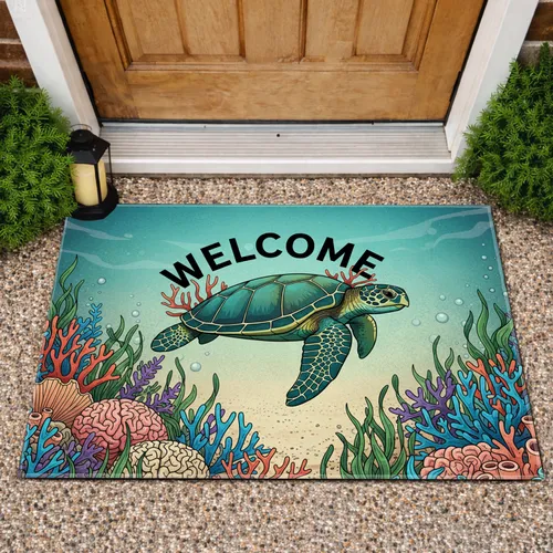 Sea Turtle WELCOME Coral Ocean - Home Decor Gift for Ocean Lover Doormat