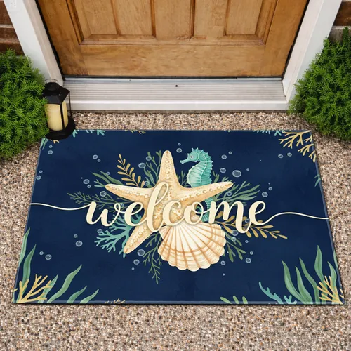 Welcome Script Starfish Scallop Shell Coastal Living Home Decor Gift Doormat