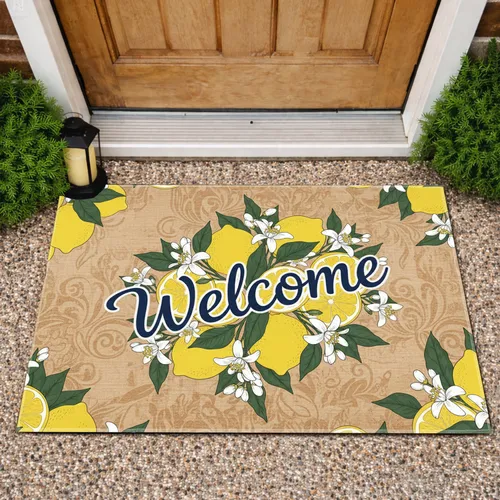 Welcome Text Whole Lemons Slices Leaves Citrus Blossoms - Entryway Home Decor Gift Doormat