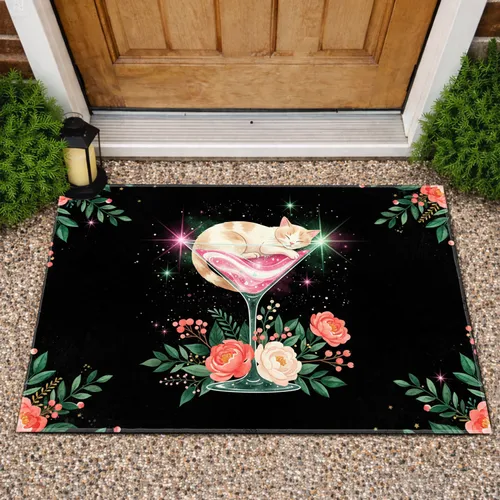 Sleeping Cat Martini Glass Floral Starbursts Night Garden - Home Decor Gift for Cat Lover Doormat