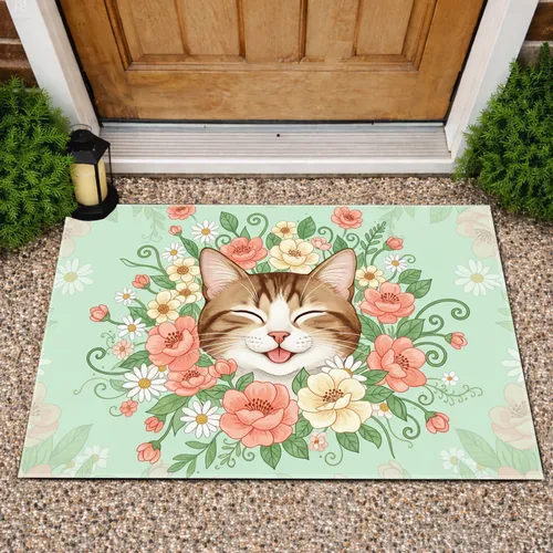 Joyful Tabby Cat Peach Coral Blossoms White Daisies Foliage - Cat Lover Home Decor Gift Doormat