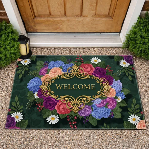 WELCOME Gold Lettering Roses Hydrangeas Botanical Scrollwork - Home Decor Gift Doormat