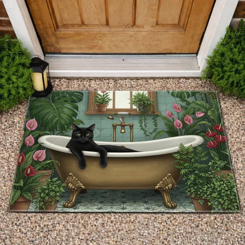 Black Cat Bathtub Botanical Decor - Vintage Bathroom Home Decor Gift for Cat Lover Doormat