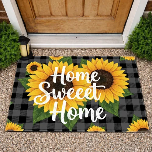 Home Sweet Home Sunflower Buffalo Plaid - Farmhouse Home Decor Gift Doormat