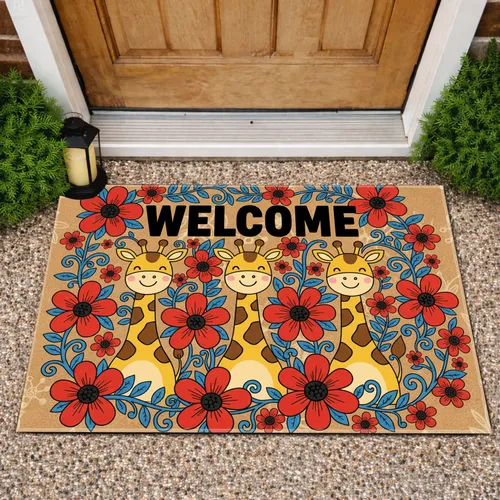 Three Giraffes Welcome Sign Five-Petal Flowers Leafy Branches - Everyday Home Decor Gift Doormat
