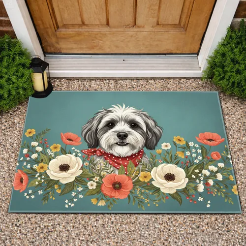 Shaggy Havanese Dog Floral Garland - Home Decor Gift for Dog Lover Doormat