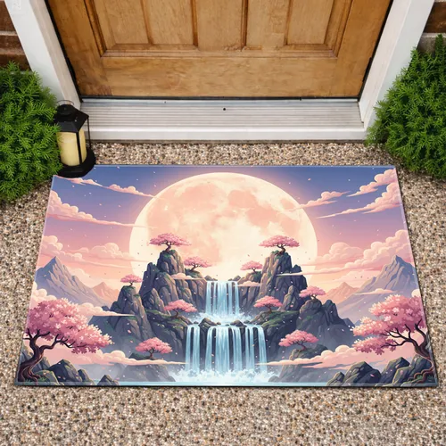Mountains Waterfall Glowing Moon Cherry Blossom - Home Decor Gift Doormat