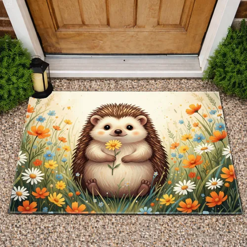 Hedgehog Yellow Daisy Wildflower Meadow - Home Decor Gift for Garden Lover Doormat