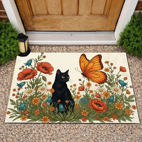 Black Cat Orange Butterfly Wildflower Meadow - Home Decor Gift for Garden Lover Doormat
