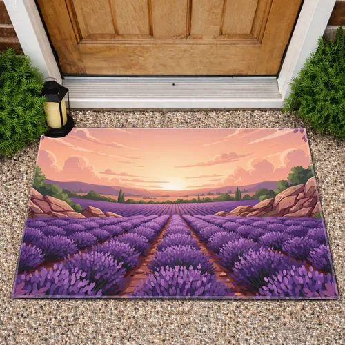 Vibrant Lavender Field Rolling Hills Sunset Sky Panoramic Vista - Home Decor Gift Doormat