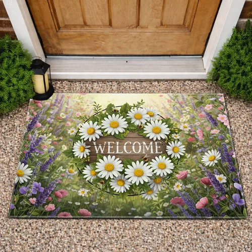 Rustic Welcome Sign Daisies Bumblebees Wildflower Garden - Farmhouse Home Decor Gift Doormat
