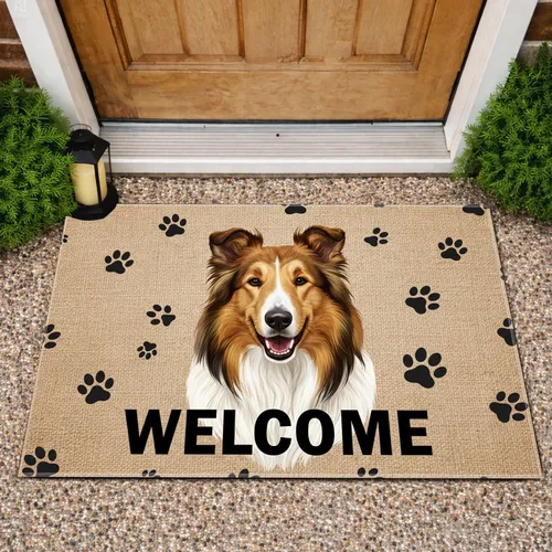 Collie Dog WELCOME Paw Prints - Rustic Home Decor Gift for Dog Owners Doormat