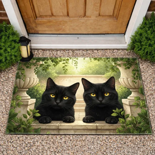 Black Cats Lush Foliage Garden Wall - Outdoor Decor Gift for Cat Lover Doormat