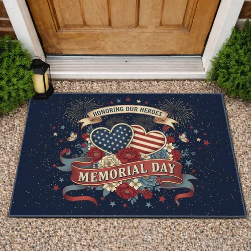 Honoring Heroes Memorial Day Flag Hearts - Patriotic Remembrance Commemoration Doormat