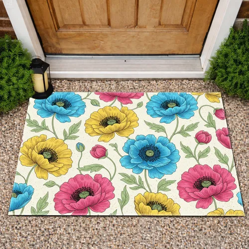 Poppy Flowers Floral Buds Green Leaves Winding Stems Botanical Tapestry - Home Decor Gift Doormat