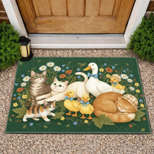 Rustic Meadow Cats Ducks Bonnets Bows Wildflowers - Farmhouse Home Decor Gift Doormat
