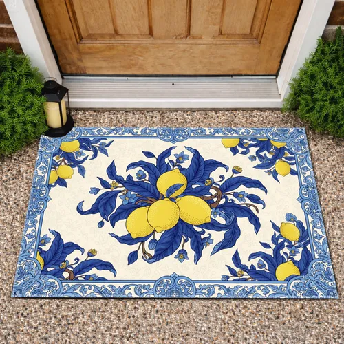 Vibrant Yellow Lemons Blue Floral Scrollwork Frame - Home Decor Gift Doormat