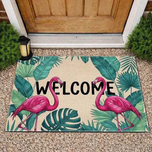 Pink Flamingos Welcome Monstera Leaves Rustic - Home Decor Gift for Entertaining Doormat