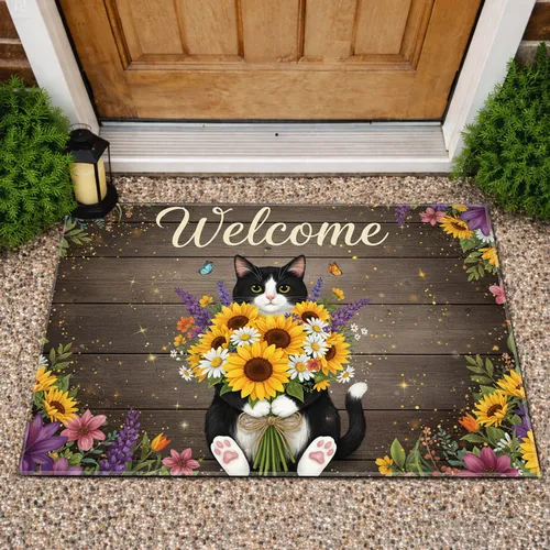 Black Tuxedo Cat Sunflower Welcome - Home Decor Gift for Cat Lover Doormat