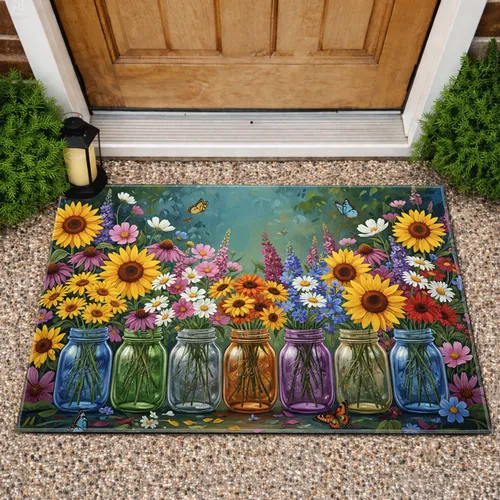Mason Jar Wildflowers Butterflies - Farmhouse Home Decor Gift for Garden Lover Doormat