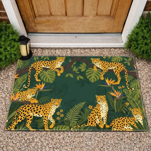 Leopards Tropical Jungle Ferns Monstera Leaves Bird of Paradise - Wildlife Home Decor Gift Doormat