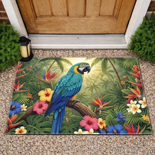 Macaw Parrot Tropical Jungle Flowers - Home Decor Gift for Bird Lovers Doormat