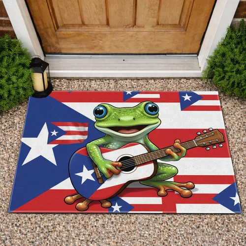 Green Tree Frog Strumming Guitar Puerto Rican Flag - Home Decor Gift Doormat