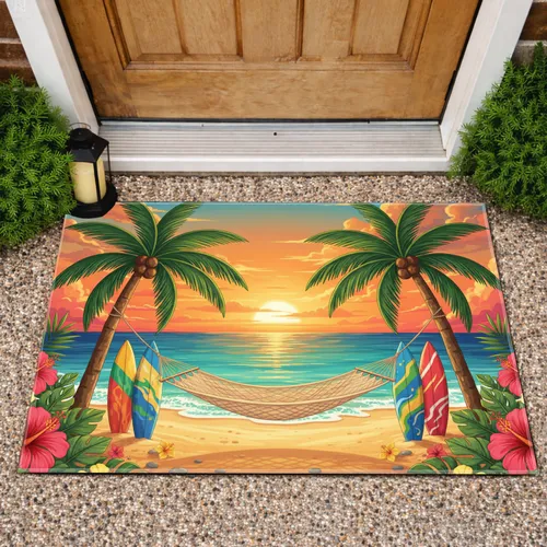 Tropical Beach Sunset Palm Tree Surfboard - Tropical Decor for Beach Lovers Doormat