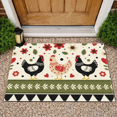 High Contrast Farmhouse Chickens Red Hearts Flowers - Farmhouse Home Decor Gift Doormat