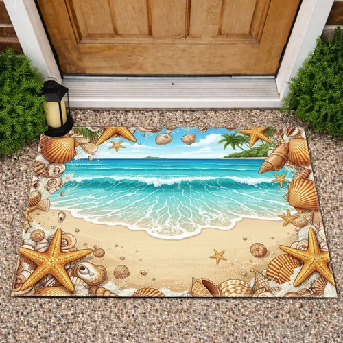 Ocean Waves Starfish Seashells Tropical Beach Landscape - Coastal Home Decor Gift Doormat