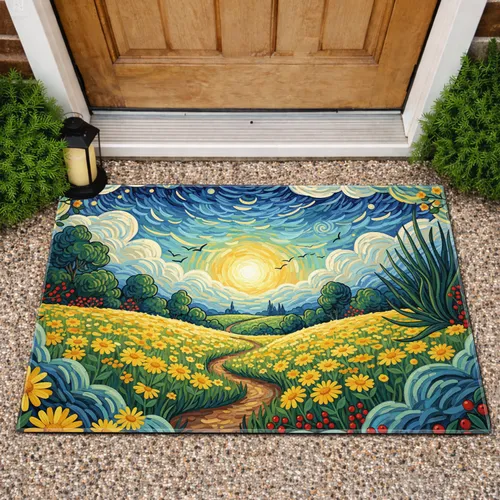Yellow Daisy Field Landscape Winding Path Swirling Sky Sun Birds - Home Decor Gift Doormat