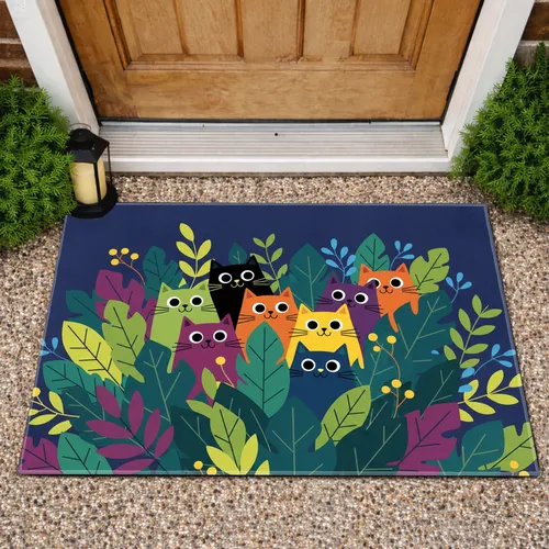 Vibrant Stylized Cartoon Cats Peeking Jungle Foliage - Home Decor Gift for Cat Lovers Doormat