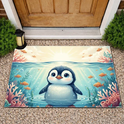 Baby Penguin Underwater Coral Scene - Wildlife Lover Home Decor Gift for Penguin Lover Doormat