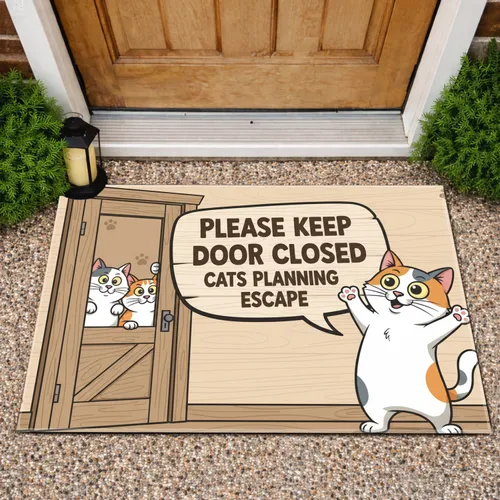 Mischievous Cats Planning Escape Door - Home Decor Gift for Cat Lovers Doormat