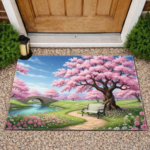 Gnarled Cherry Blossom Tree White Bench Stone Bridge - Spring Home Decor Gift Doormat