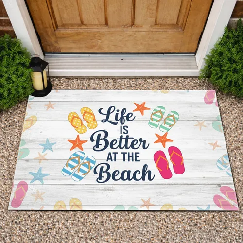 Life Is Better At Beach Flip Flops Starfish Whitewashed Wood - Coastal Home Decor Gift Doormat