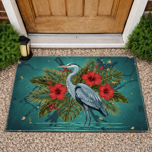 Great Blue Heron Tropical Hibiscus Palm Foliage - Wildlife Lover Home Decor Gift Doormat