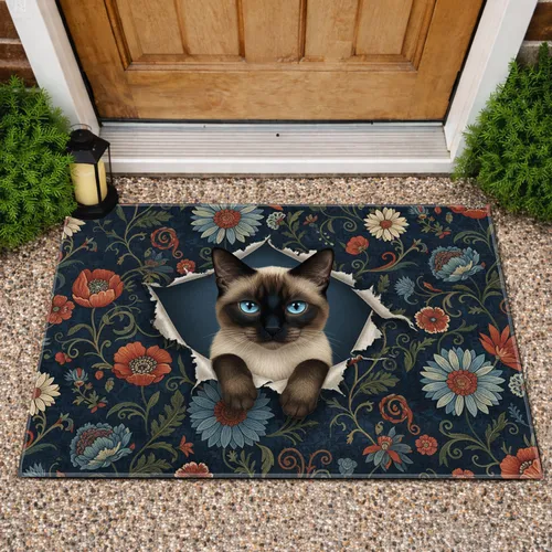 Siamese Cat Torn Opening Vintage Floral - Home Decor Gift for Cat Lover Doormat
