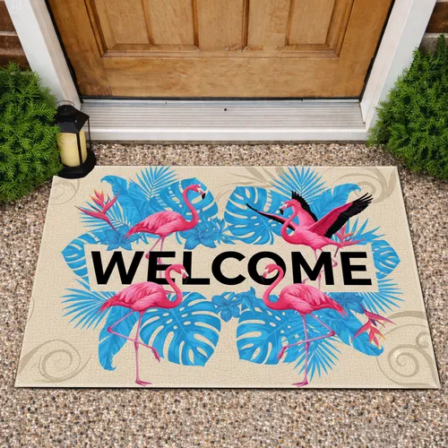 Welcome Text Flamingos Tropical Beach Scene - Entryway Decor Gift Doormat
