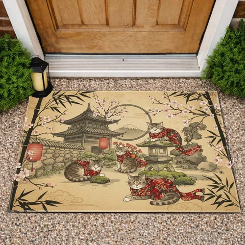 Tabby Cats Japanese Garden Pagoda Cherry Blossom - Cat Lover Home Decor Gift Doormat