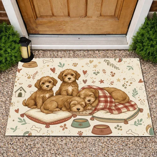 Golden Doodle Puppies Plaid Hearts Paw Prints - Rustic Farmhouse Decor for Dog Lover Doormat