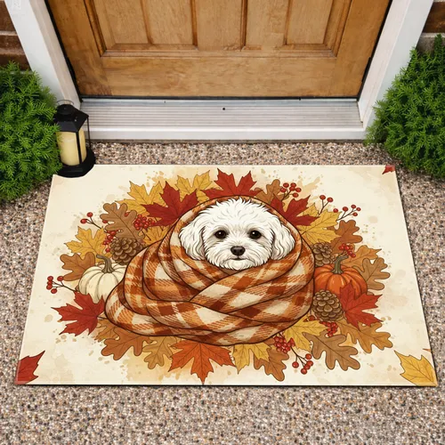 White Dog Plaid Blanket Autumn Leaves - Home Decor Gift for Dog Lover Doormat